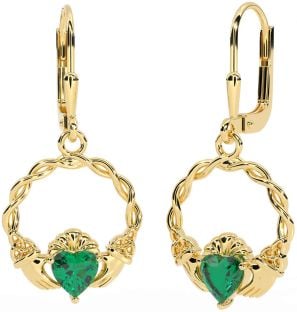 Emerald Gold Celtic Claddagh Trinity Knot Dangle Earrings