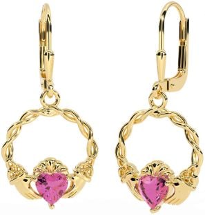 Pink Tourmaline Gold Celtic Claddagh Trinity Knot Dangle Earrings