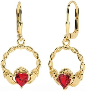 Ruby Gold Celtic Claddagh Trinity Knot Dangle Earrings