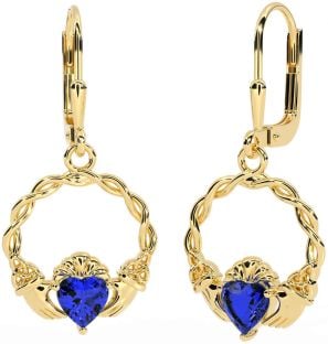 Sapphire Gold Celtic Claddagh Trinity Knot Dangle Earrings