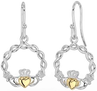 White Yellow Gold Celtic Claddagh Dangle Earrings