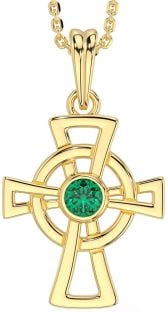 Emerald Gold Silver Celtic Cross Necklace