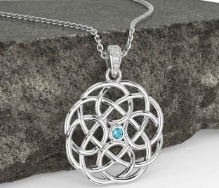 Diamond Aquamarine Silver Celtic Necklace
