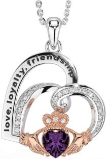 Diamond Alexandrite Rose Gold Silver Celtic Claddagh Heart Irish "Love, Loyalty, & Friendship" Necklace