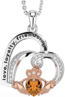 Diamond Citrine Rose Gold Silver Celtic Claddagh Heart Irish "Love, Loyalty, & Friendship" Necklace