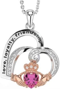 Diamond Pink Tourmaline Rose Gold Silver Celtic Claddagh Heart Irish "Love, Loyalty, & Friendship" Necklace