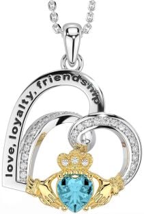 Diamond Aquamarine Gold Silver Celtic Claddagh Heart Irish "Love, Loyalty, & Friendship" Necklace