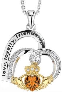 Diamond Citrine Gold Silver Celtic Claddagh Heart Irish "Love, Loyalty, & Friendship" Necklace