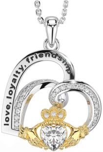 Diamond Gold Silver Celtic Claddagh Heart Irish "Love, Loyalty, & Friendship" Necklace