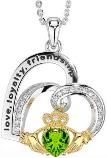 Diamond Peridot Gold Silver Celtic Claddagh Heart Irish "Love, Loyalty, & Friendship" Necklace