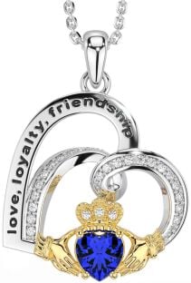 Diamond Sapphire Gold Silver Celtic Claddagh Heart Irish "Love, Loyalty, & Friendship" Necklace