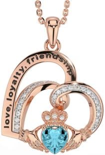 Diamond Aquamarine Rose Gold Silver Celtic Claddagh Heart Irish "Love, Loyalty, & Friendship" Necklace