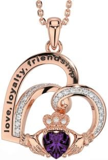 Diamond Alexandrite Rose Gold Silver Celtic Claddagh Heart Irish "Love, Loyalty, & Friendship" Necklace