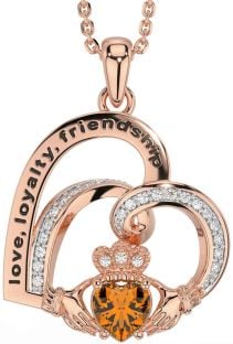 Diamond Citrine Rose Gold Silver Celtic Claddagh Heart Irish "Love, Loyalty, & Friendship" Necklace