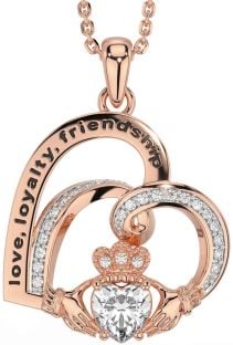 Diamond Rose Gold Silver Celtic Claddagh Heart Irish "Love, Loyalty, & Friendship" Necklace