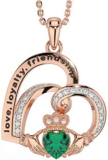 Diamond Emerald Rose Gold Silver Celtic Claddagh Heart Irish "Love, Loyalty, & Friendship" Necklace