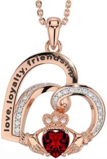 Diamond Garnet Rose Gold Silver Celtic Claddagh Heart Irish "Love, Loyalty, & Friendship" Necklace