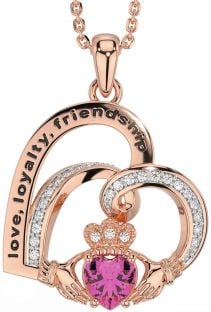 Diamond Pink Tourmaline Rose Gold Silver Celtic Claddagh Heart Irish "Love, Loyalty, & Friendship" Necklace