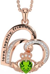 Diamond Peridot Rose Gold Silver Celtic Claddagh Heart Irish "Love, Loyalty, & Friendship" Necklace