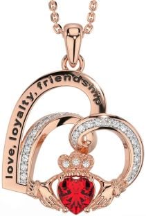 Diamond Ruby Rose Gold Silver Celtic Claddagh Heart Irish "Love, Loyalty, & Friendship" Necklace