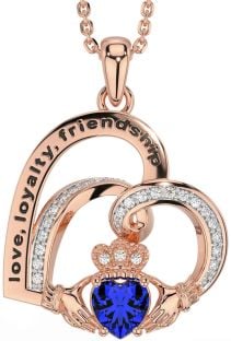 Diamond Sapphire Rose Gold Silver Celtic Claddagh Heart Irish "Love, Loyalty, & Friendship" Necklace