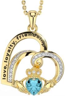 Diamond Aquamarine Gold Silver Celtic Claddagh Heart Irish "Love, Loyalty, & Friendship" Necklace