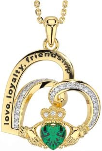 Diamond Emerald Gold Silver Celtic Claddagh Heart Irish "Love, Loyalty, & Friendship" Necklace