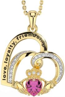 Diamond Pink Tourmaline Gold Silver Celtic Claddagh Heart Irish "Love, Loyalty, & Friendship" Necklace