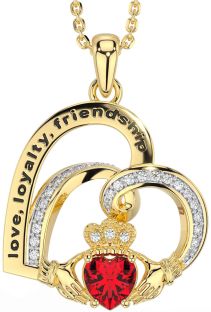 Diamond Ruby Gold Silver Celtic Claddagh Heart Irish "Love, Loyalty, & Friendship" Necklace