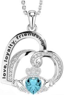 Diamond Aquamarine Silver Celtic Claddagh Heart Irish "Love, Loyalty, & Friendship" Necklace