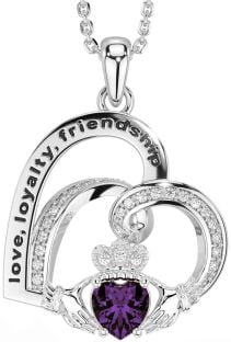 Diamond Alexandrite Silver Celtic Claddagh Heart Irish "Love, Loyalty, & Friendship" Necklace