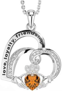 Diamond Citrine Silver Celtic Claddagh Heart Irish "Love, Loyalty, & Friendship" Necklace