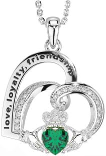 Diamond Emerald Silver Celtic Claddagh Heart Irish "Love, Loyalty, & Friendship" Necklace