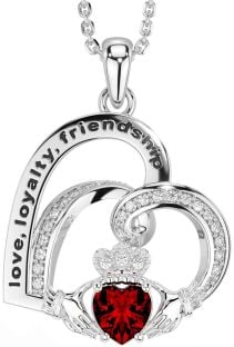 Diamond Garnet Silver Celtic Claddagh Heart Irish "Love, Loyalty, & Friendship" Necklace