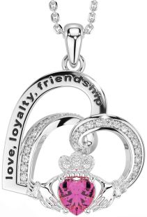 Diamond Pink Tourmaline Silver Celtic Claddagh Heart Irish "Love, Loyalty, & Friendship" Necklace