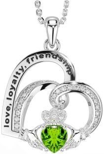 Diamond Peridot Silver Celtic Claddagh Heart Irish "Love, Loyalty, & Friendship" Necklace