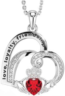 Diamond Ruby Silver Celtic Claddagh Heart Irish "Love, Loyalty, & Friendship" Necklace