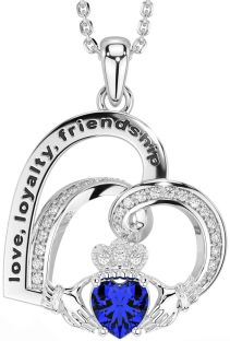 Diamond Sapphire Silver Celtic Claddagh Heart Irish "Love, Loyalty, & Friendship" Necklace