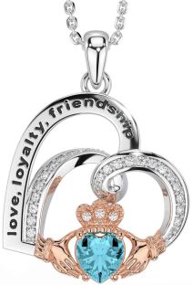 Diamond Aquamarine Rose Gold Silver Celtic Claddagh Heart Irish "Love, Loyalty, & Friendship" Necklace