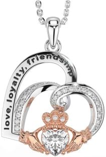 Diamond Rose Gold Silver Celtic Claddagh Heart Irish "Love, Loyalty, & Friendship" Necklace