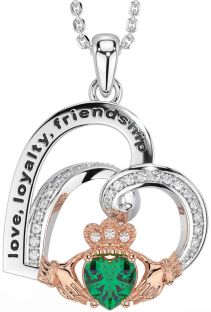 Diamond Emerald Rose Gold Silver Celtic Claddagh Heart Irish "Love, Loyalty, & Friendship" Necklace