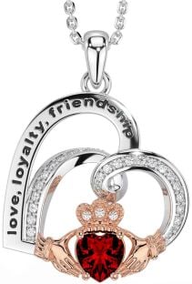 Diamond Garnet Rose Gold Silver Celtic Claddagh Heart Irish "Love, Loyalty, & Friendship" Necklace