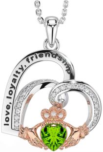 Diamond Peridot Rose Gold Silver Celtic Claddagh Heart Irish "Love, Loyalty, & Friendship" Necklace