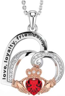 Diamond Ruby Rose Gold Silver Celtic Claddagh Heart Irish "Love, Loyalty, & Friendship" Necklace