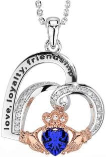 Diamond Sapphire Rose Gold Silver Celtic Claddagh Heart Irish "Love, Loyalty, & Friendship" Necklace