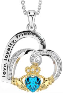 Diamond Topaz Gold Silver Celtic Claddagh Heart Irish "Love, Loyalty, & Friendship" Necklace