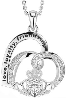 Diamond White Gold Celtic Claddagh Heart Irish "Love, Loyalty, & Friendship" Necklace