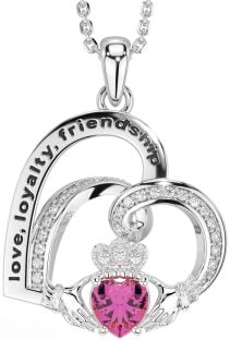 Diamond Pink Tourmaline White Gold Celtic Claddagh Heart Irish "Love, Loyalty, & Friendship" Necklace