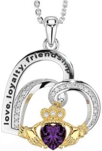 Diamond Alexandrite White Yellow Gold Celtic Claddagh Heart Irish "Love, Loyalty, & Friendship" Necklace