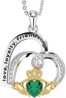 Diamond Emerald White Yellow Gold Celtic Claddagh Heart Irish "Love, Loyalty, & Friendship" Necklace